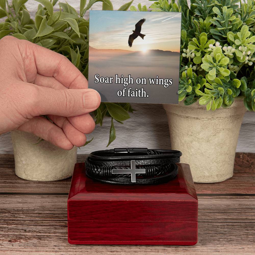 Soar High on Faith in Lord Isaiah 40:31 Men's Stainless Steel & Vegan Leather Cross Bracelet - Vegan Leather with Stainless Steel-Express Your Love Gifts
