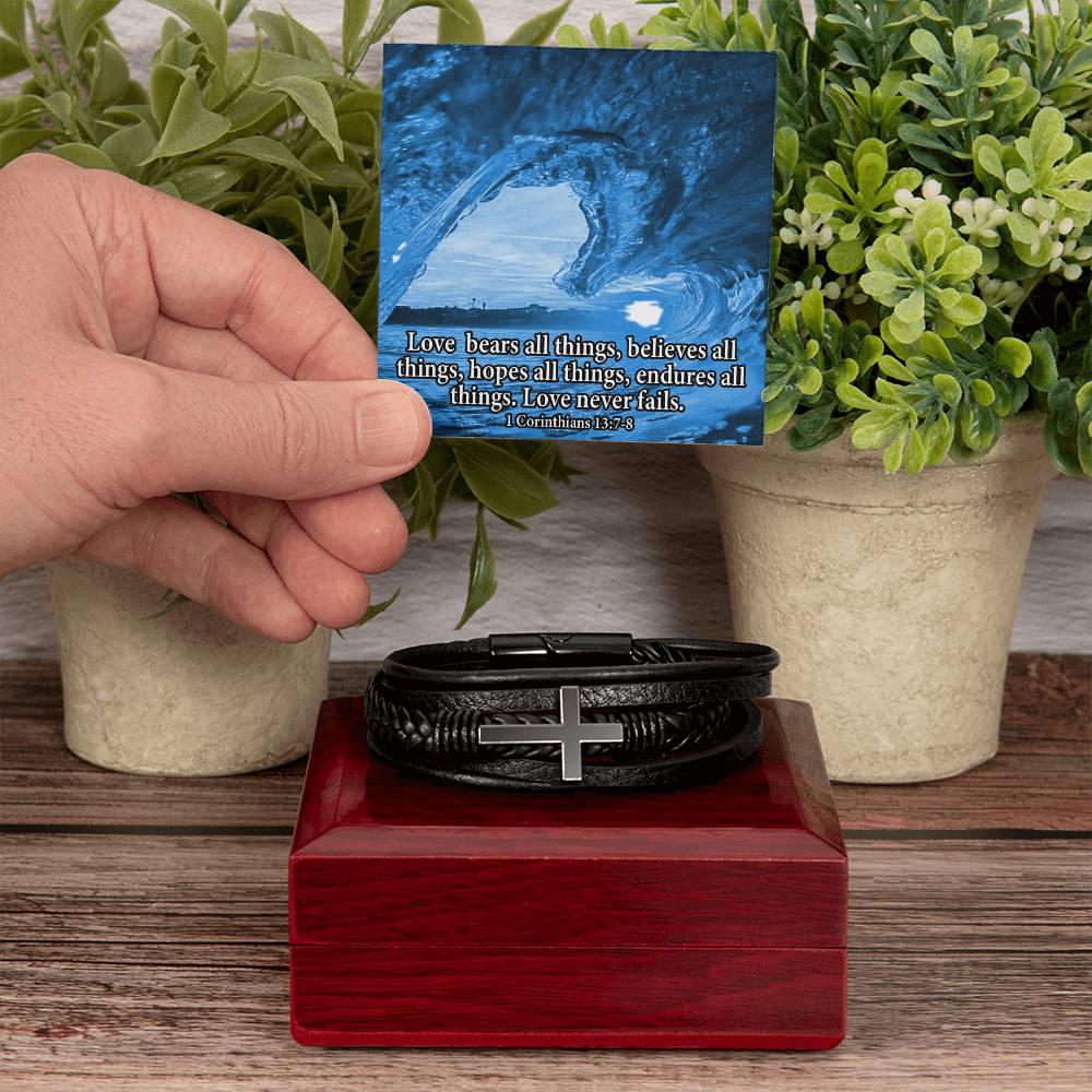 Love Bears All Water 1 Corinthians 13:7-8 Men's Stainless Steel & Vegan Leather Cross Bracelet - Vegan Leather with Stainless Steel-Express Your Love Gifts