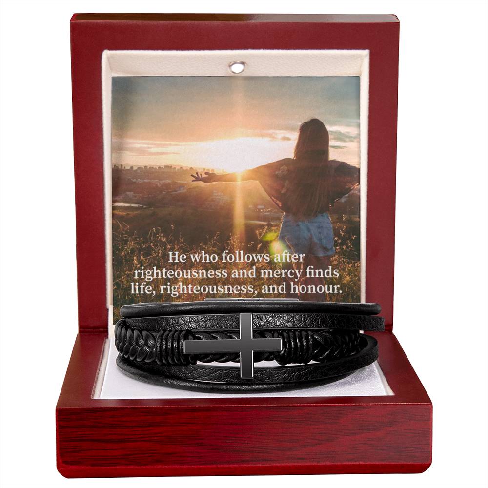 Righteousness and Honour Proverbs 21:21 Men's Stainless Steel & Vegan Leather Cross Bracelet - Vegan Leather with Stainless Steel-Express Your Love Gifts