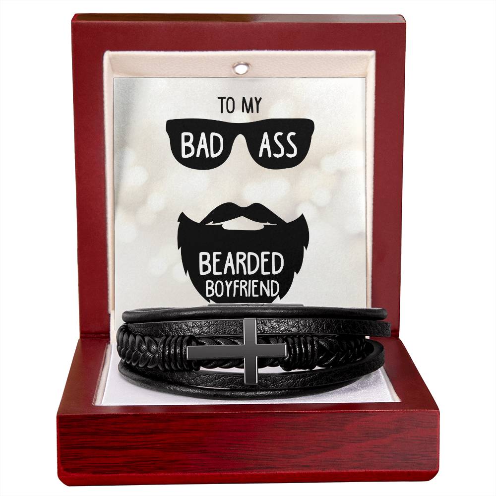 To My Badass Bearded Boyfriend Men's Cross Bracelet - Vegan Leather with Stainless Steel-Express Your Love Gifts
