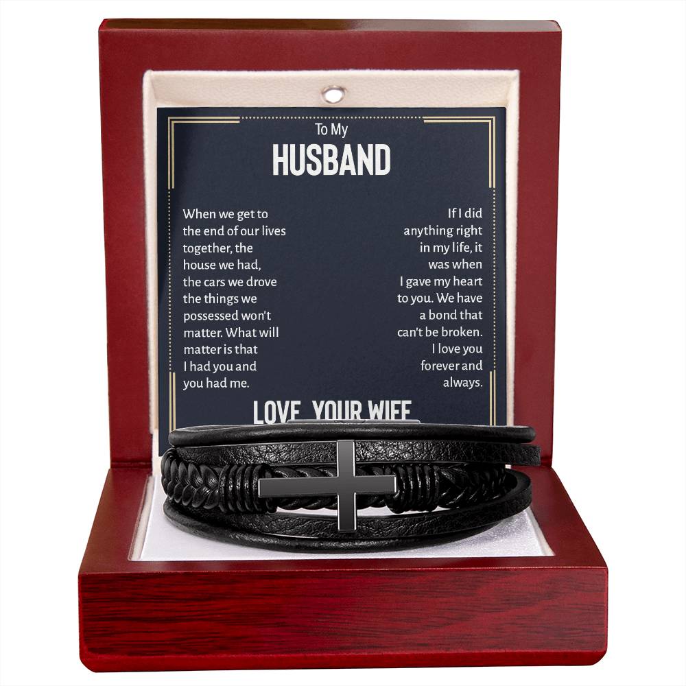 To My Husband When We Get to the End of Our Lives Men's Cross Bracelet - Vegan Leather with Stainless Steel-Express Your Love Gifts