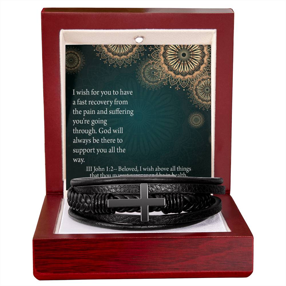Get Well God's Support 3 John 1:2 Men's Stainless Steel & Vegan Leather Cross Bracelet - Vegan Leather with Stainless Steel-Express Your Love Gifts