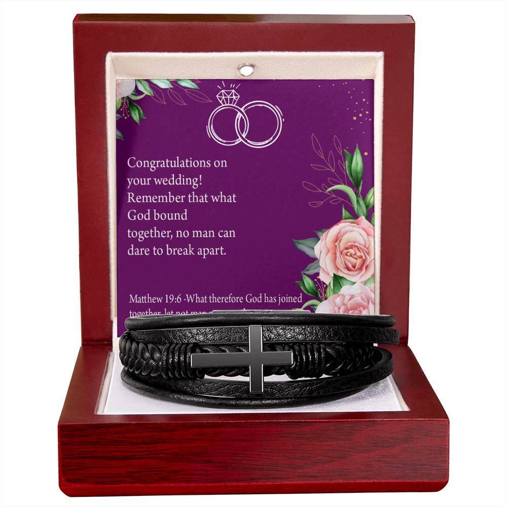 Wedding Message Faith Matthew 9:16 Men's Stainless Steel & Vegan Leather Cross Bracelet - Vegan Leather with Stainless Steel-Express Your Love Gifts