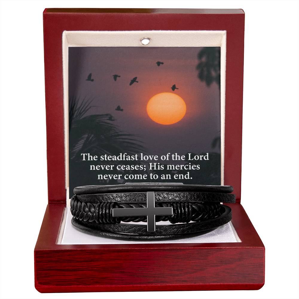 Love of Lord Never Ends Lamentations 3:22 Men's Stainless Steel & Vegan Leather Cross Bracelet - Vegan Leather with Stainless Steel-Express Your Love Gifts