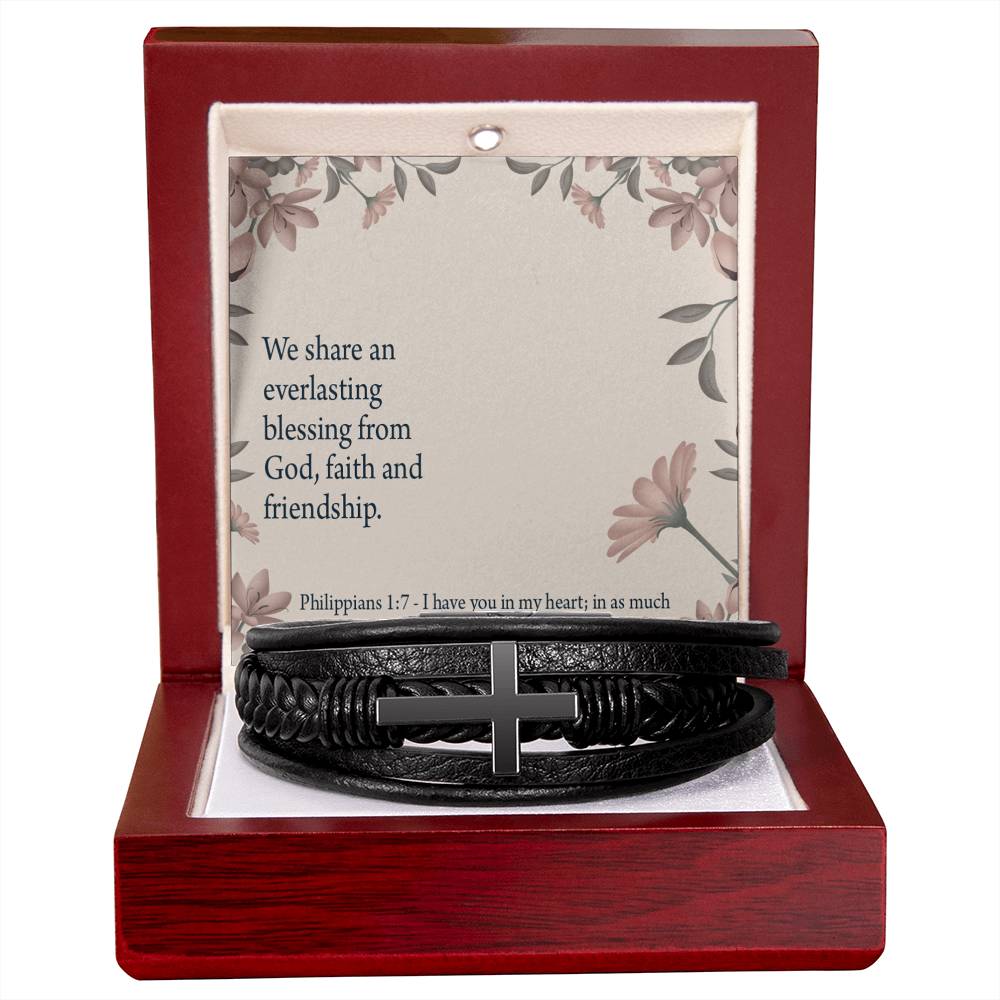 Friendship Philippians 1:7 Men's Stainless Steel & Vegan Leather Cross Bracelet - Vegan Leather with Stainless Steel-Express Your Love Gifts