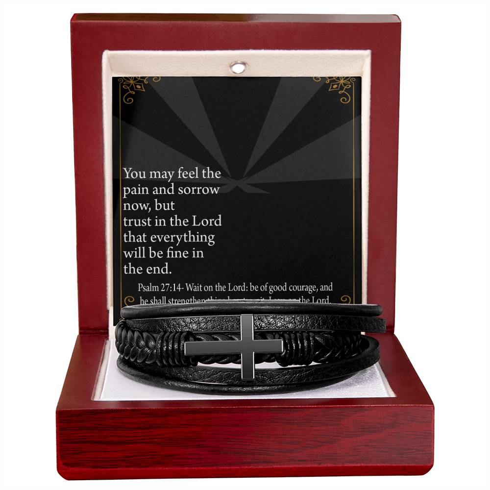 God's Strength Psalm 27:14 Men's Stainless Steel & Vegan Leather Cross Bracelet - Vegan Leather with Stainless Steel-Express Your Love Gifts