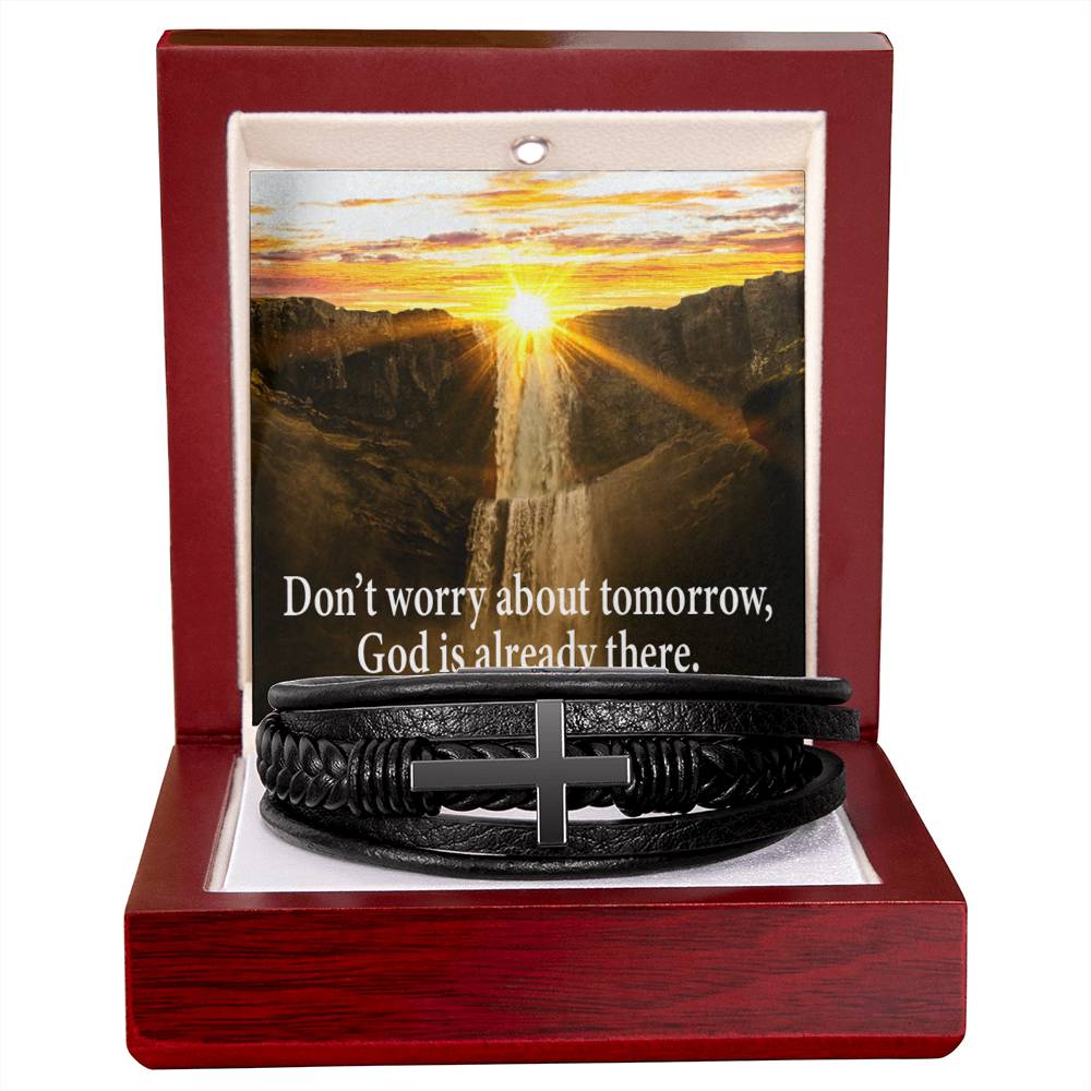 Don’t Worry Men's Stainless Steel & Vegan Leather Cross Bracelet - Vegan Leather with Stainless Steel-Express Your Love Gifts