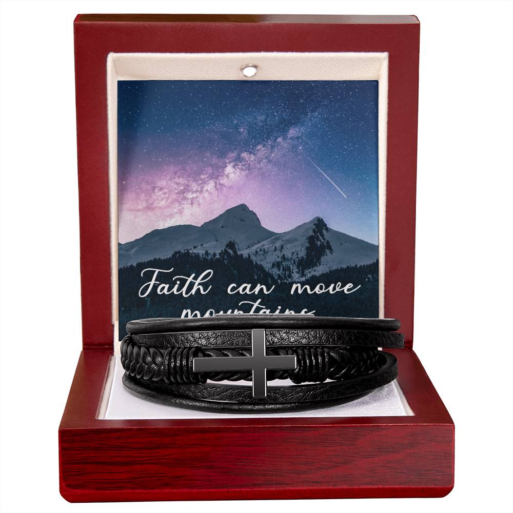 Faith Can Move Mountains Men's Stainless Steel & Vegan Leather Cross Bracelet - Vegan Leather with Stainless Steel-Express Your Love Gifts