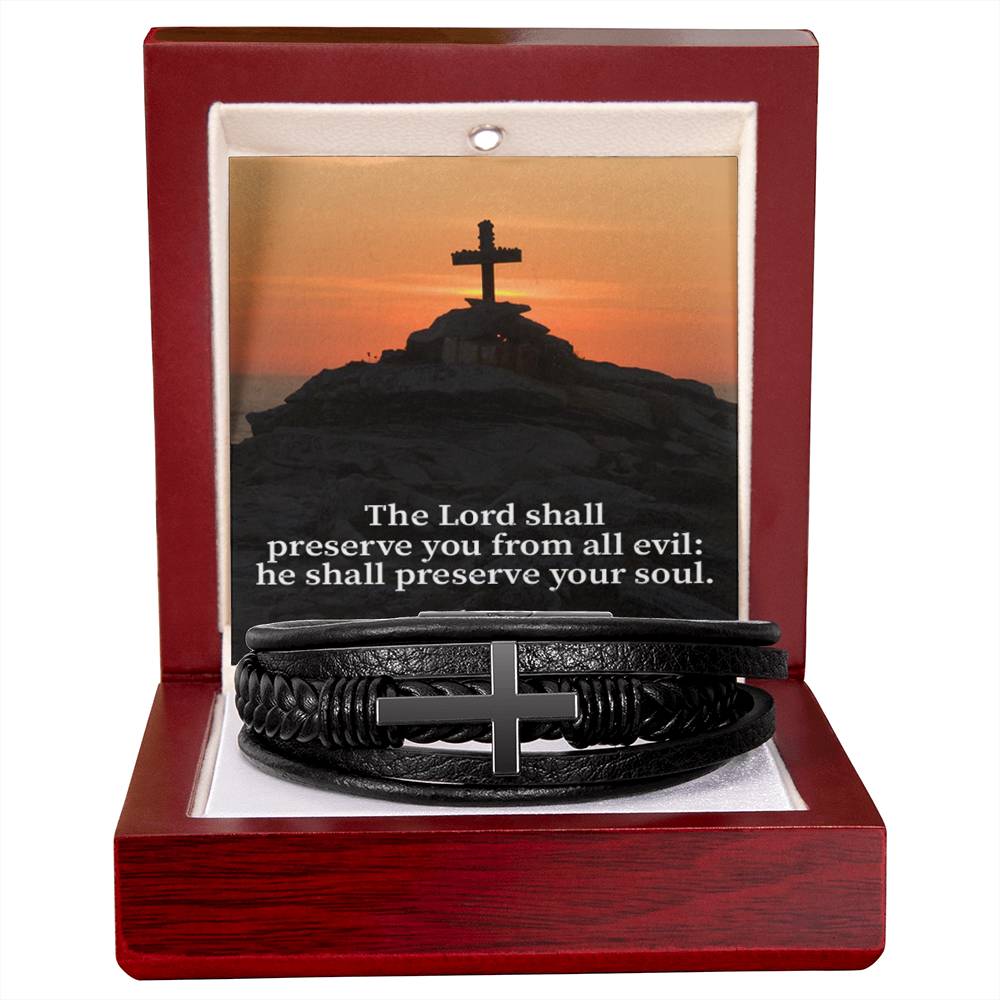 Hope Psalm 121:7 Men's Stainless Steel & Vegan Leather Cross Bracelet - Vegan Leather with Stainless Steel-Express Your Love Gifts