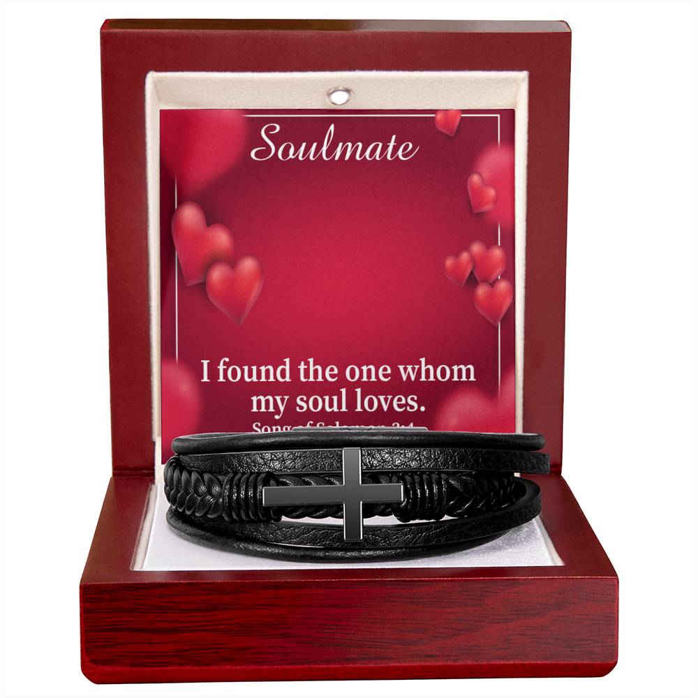 My Soul Loves Song of Solomon 3:4 Men's Stainless Steel & Vegan Leather Cross Bracelet - Vegan Leather with Stainless Steel-Express Your Love Gifts