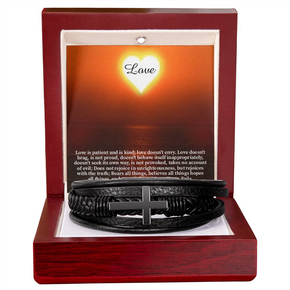 Love Message 1 Corinthians 13:4-8 Men's Stainless Steel & Vegan Leather Cross Bracelet - Vegan Leather with Stainless Steel-Express Your Love Gifts