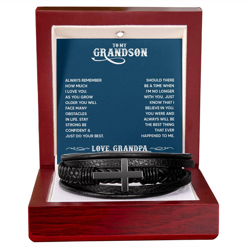 To My Grandson Always Remember From Grandpa Men's Cross Bracelet - Vegan Leather with Stainless Steel-Express Your Love Gifts