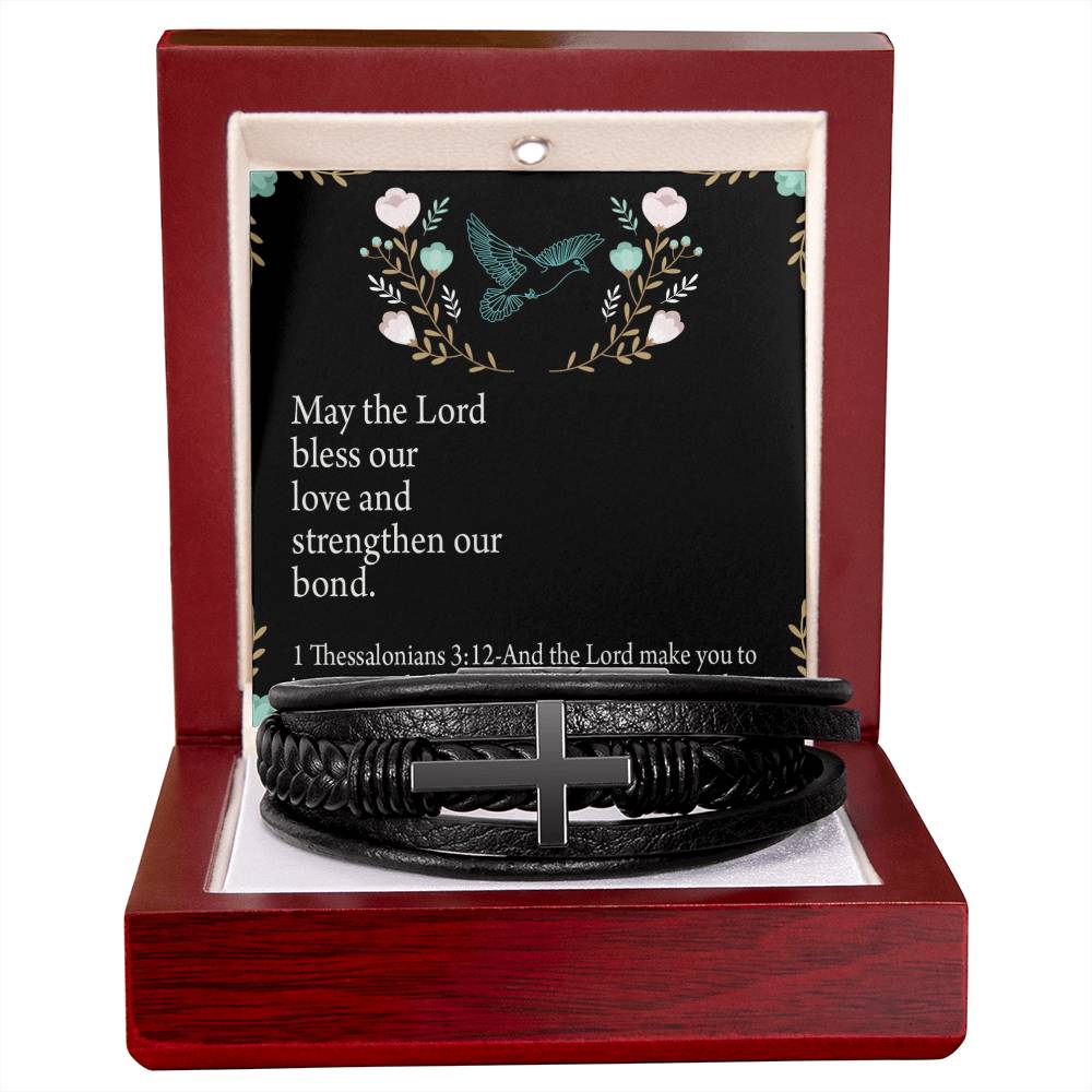 Lord Bless Our Love 1 Thessalonians 3:12 Men's Stainless Steel & Vegan Leather Cross Bracelet - Vegan Leather with Stainless Steel-Express Your Love Gifts