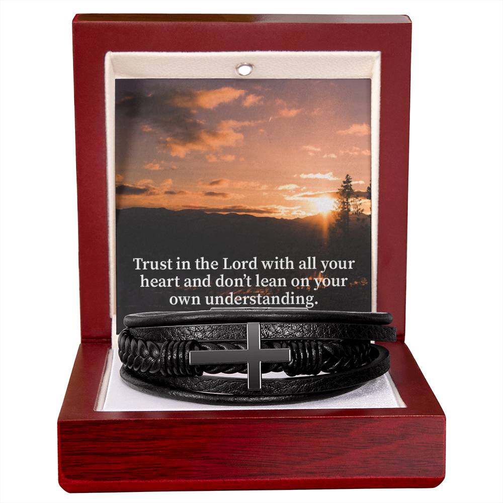 Trust in The Lord Proverbs 3:5 Sunset Men's Stainless Steel & Vegan Leather Cross Bracelet - Vegan Leather with Stainless Steel-Express Your Love Gifts