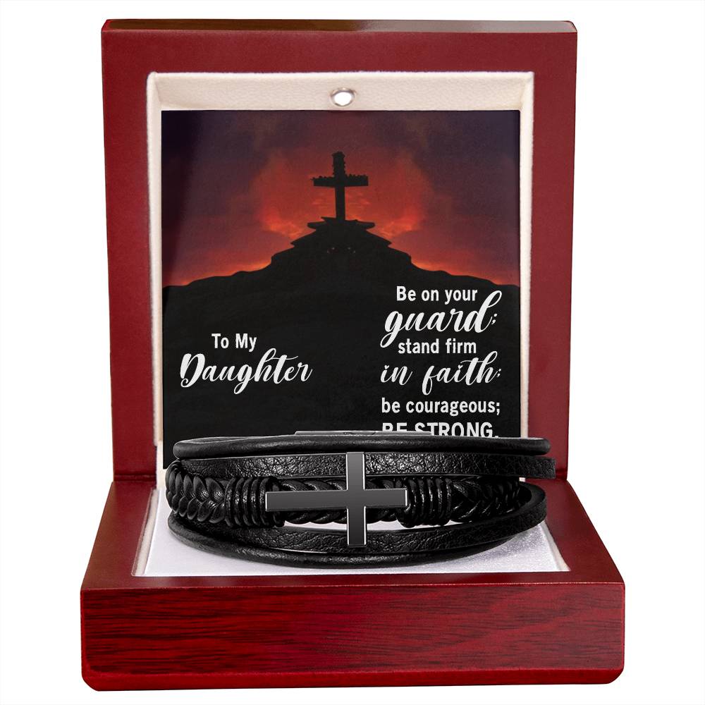 Stand Firm in Faith Joshua 1:9 Men's Stainless Steel & Vegan Leather Cross Bracelet - Vegan Leather with Stainless Steel-Express Your Love Gifts