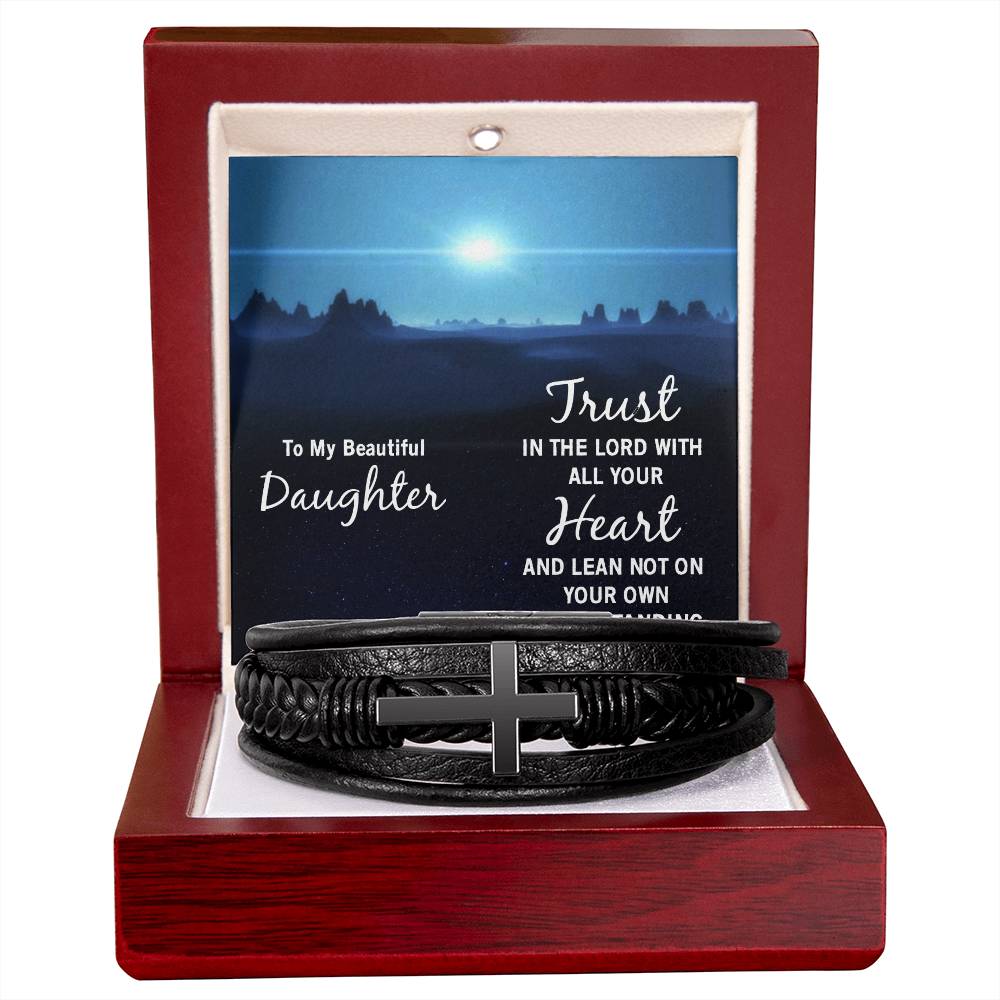 Trust in The Lord Proverbs 3:5-6 Men's Stainless Steel & Vegan Leather Cross Bracelet - Vegan Leather with Stainless Steel-Express Your Love Gifts