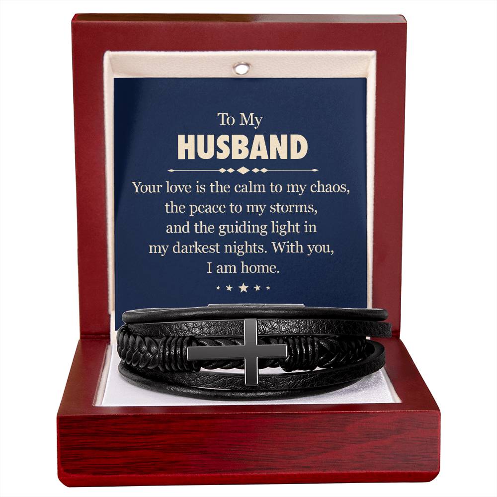 To My Husband Your Love is the Calm to My Chaos Men's Cross Bracelet - Vegan Leather with Stainless Steel-Express Your Love Gifts