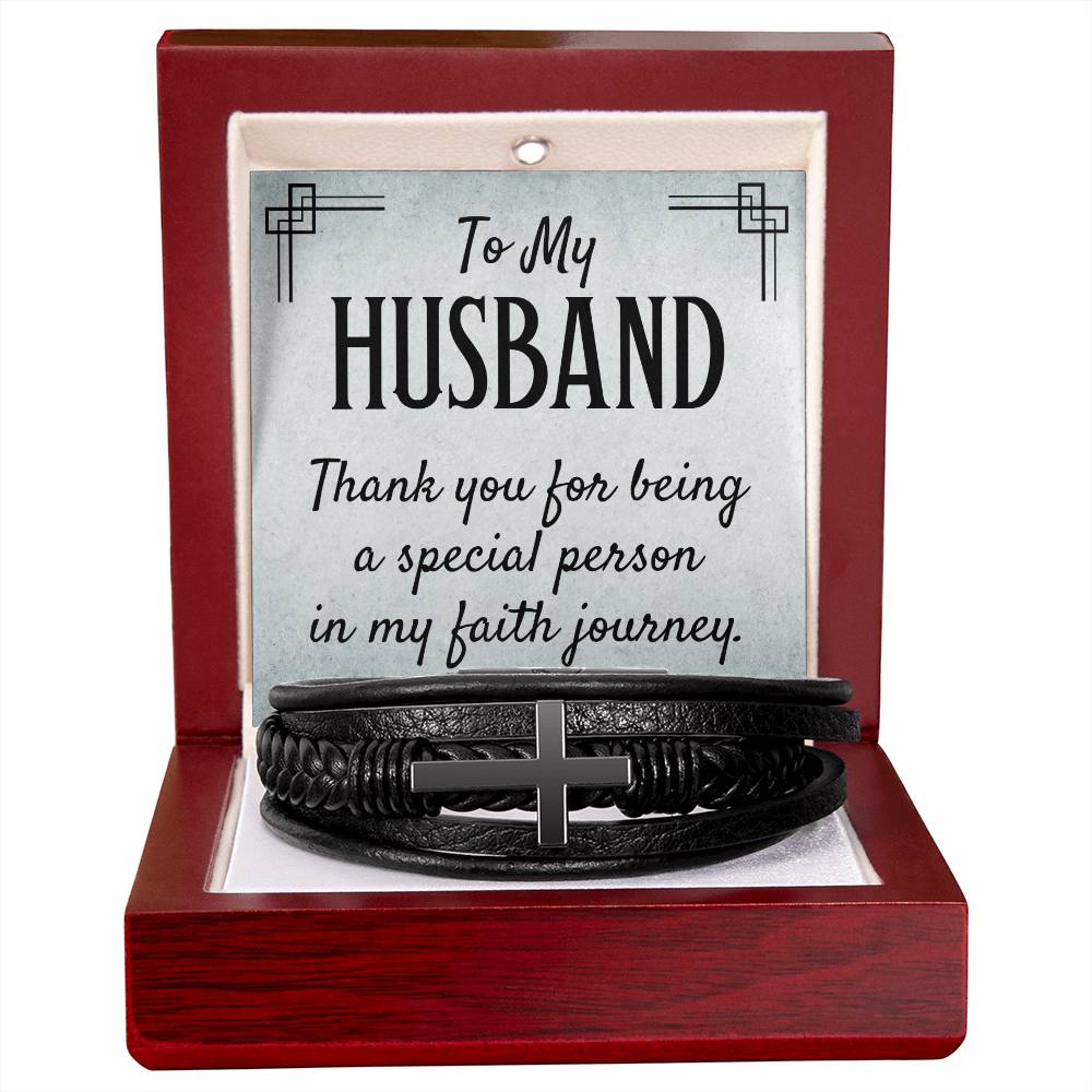 To My Husband Thank You for Being Special Men's Cross Bracelet - Vegan Leather with Stainless Steel-Express Your Love Gifts