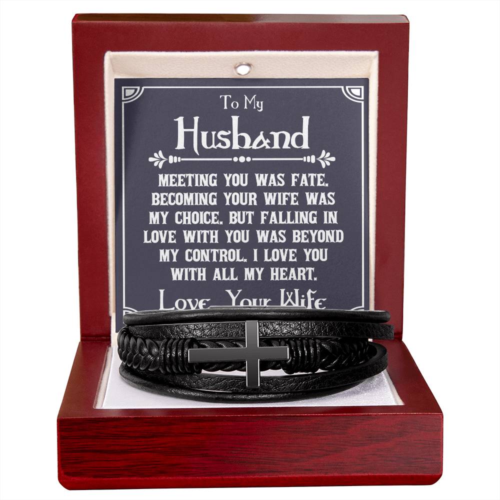 To My Husband Meeting You Was Fate Men's Cross Bracelet - Vegan Leather with Stainless Steel-Express Your Love Gifts