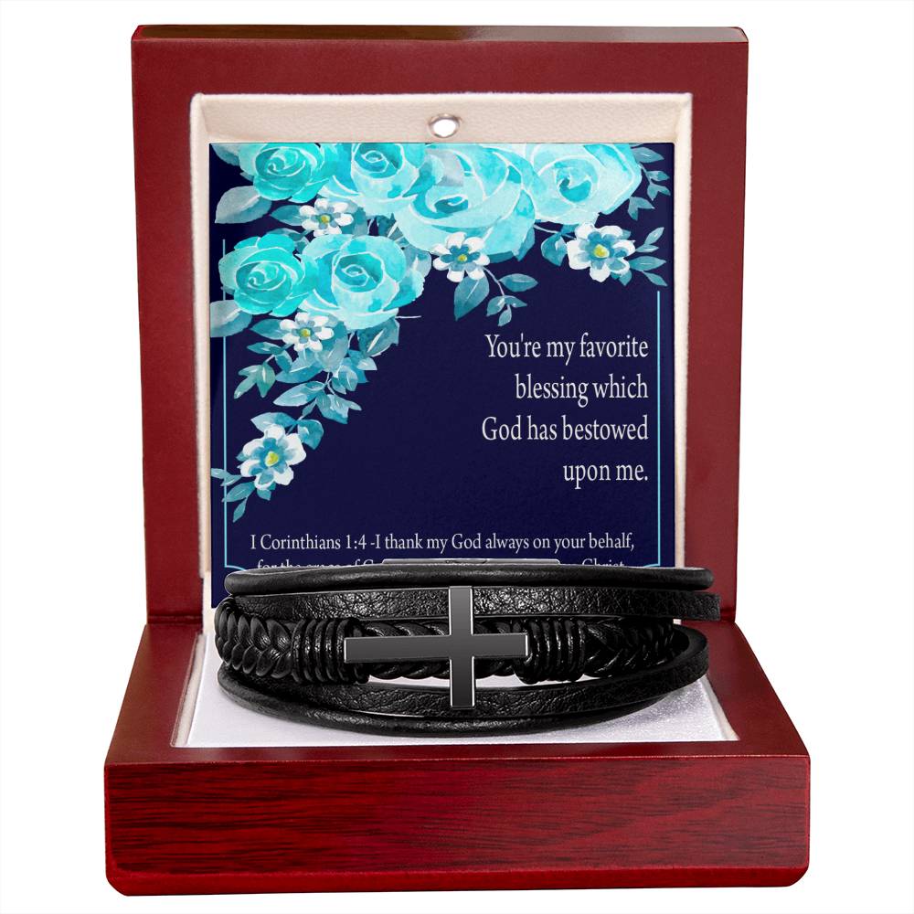 Thinking of You 1 Corinthians 1:4 Men's Stainless Steel & Vegan Leather Cross Bracelet - Vegan Leather with Stainless Steel-Express Your Love Gifts