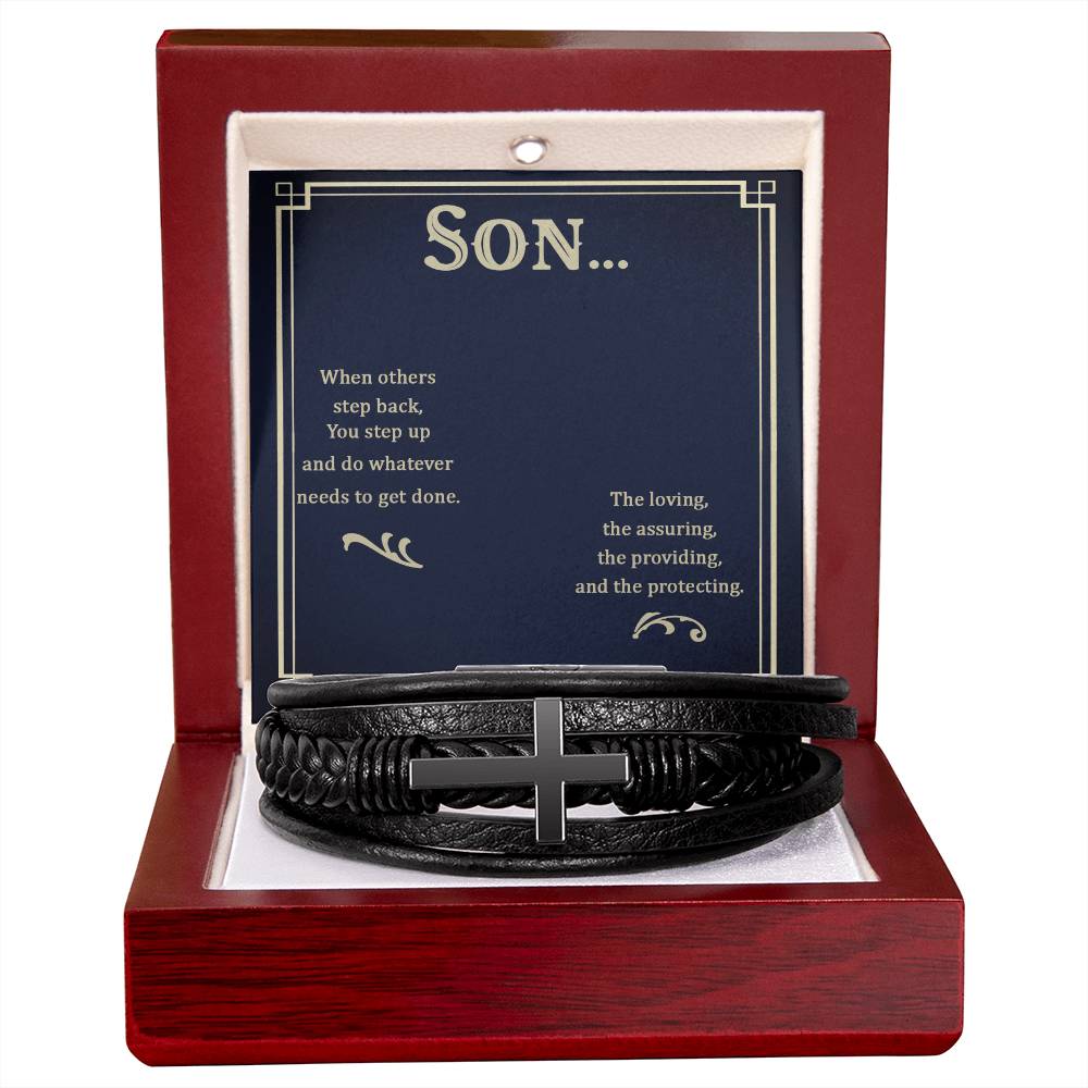 To My Son When Others Step Back Men's Cross Bracelet - Vegan Leather with Stainless Steel-Express Your Love Gifts