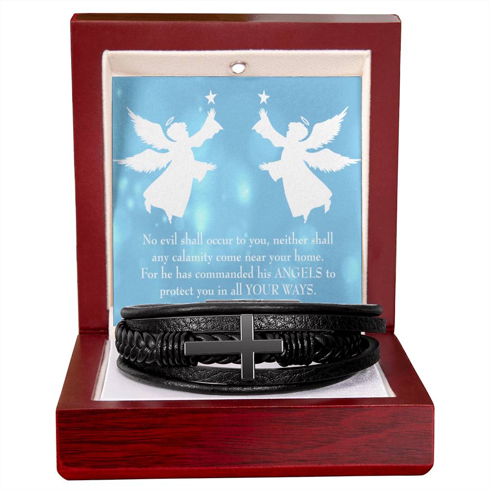 Psalm 91 Blue Men's Stainless Steel & Vegan Leather Cross Bracelet - Vegan Leather with Stainless Steel-Express Your Love Gifts