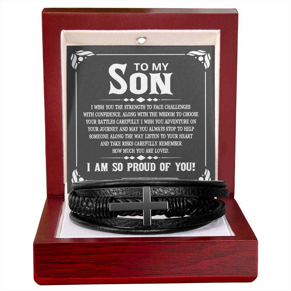 To My Son I Wish You the Strength to Face Challenges Men's Cross Bracelet - Vegan Leather with Stainless Steel-Express Your Love Gifts