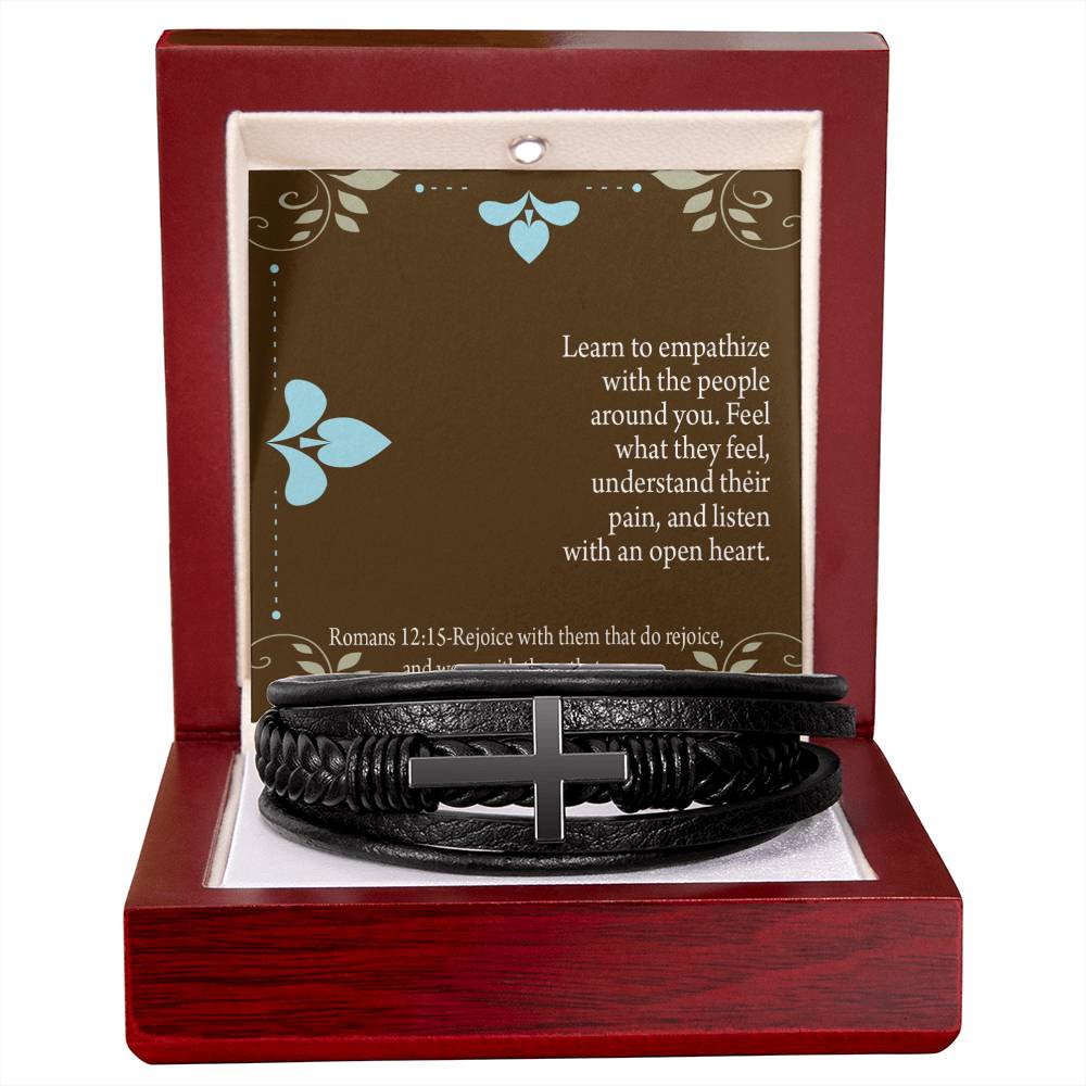 Empathy & Understanding Romans 12:15 Men's Stainless Steel & Vegan Leather Cross Bracelet - Vegan Leather with Stainless Steel-Express Your Love Gifts