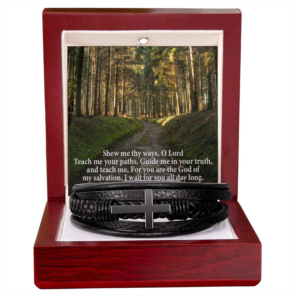Guide & Teach Me lord in Psalm 25:4-5 Men's Stainless Steel & Vegan Leather Cross Bracelet - Vegan Leather with Stainless Steel-Express Your Love Gifts