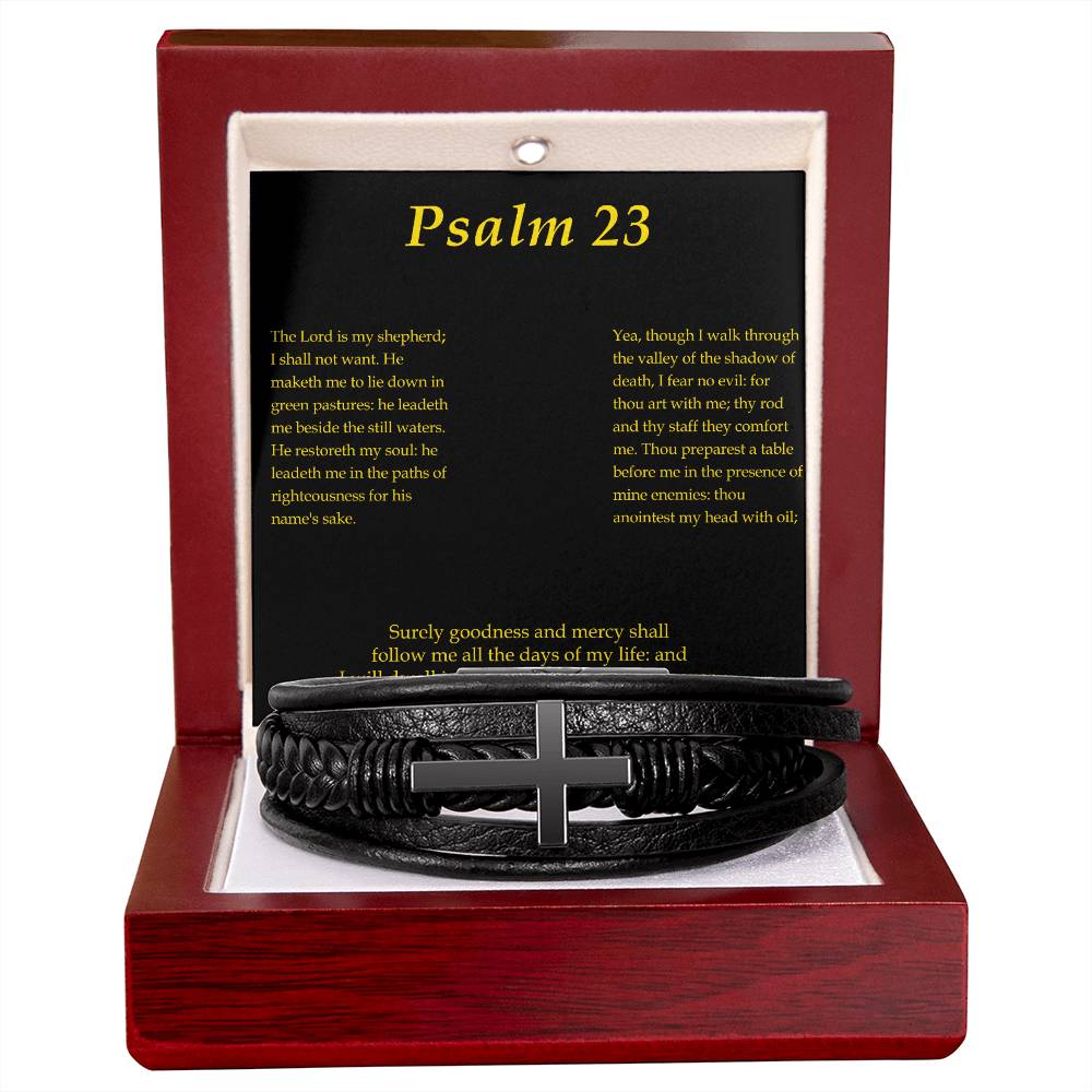 Lord is my Shepherd Psalm 23:2 Men's Stainless Steel & Vegan Leather Cross Bracelet - Vegan Leather with Stainless Steel-Express Your Love Gifts