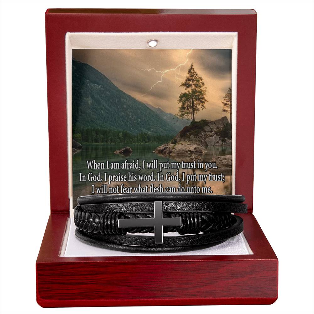 Trust in God Psalm 56:3-4 Men's Stainless Steel & Vegan Leather Cross Bracelet - Vegan Leather with Stainless Steel-Express Your Love Gifts