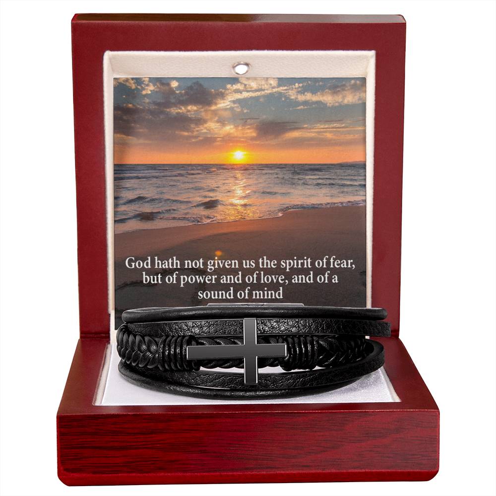 No Fear 2 Timothy 1:7 Men's Stainless Steel & Vegan Leather Cross Bracelet - Vegan Leather with Stainless Steel-Express Your Love Gifts