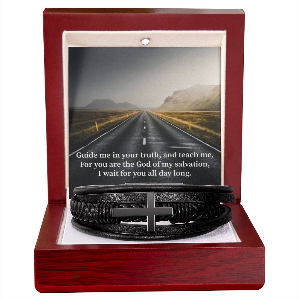 Guide Me Psalm 25:5 Men's Stainless Steel & Vegan Leather Cross Bracelet - Vegan Leather with Stainless Steel-Express Your Love Gifts