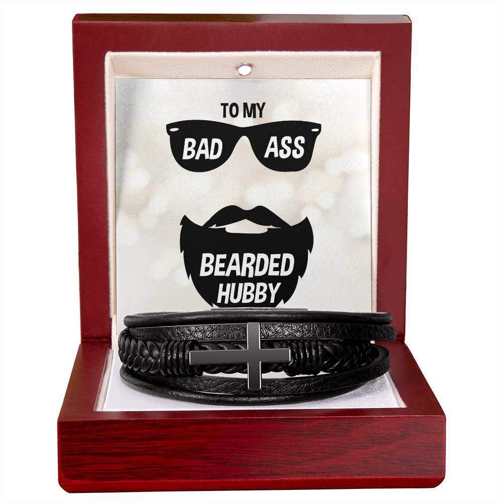 To My Badass Bearded Hubby Men's Cross Bracelet - Vegan Leather with Stainless Steel-Express Your Love Gifts