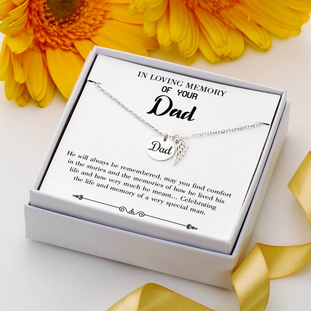 Celebrating Life Remembrance Necklace for Dad Angel Wing Charm Stainless Steel or 18k Gold Finish-Express Your Love Gifts