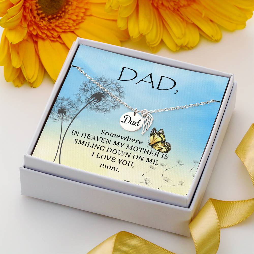Somewhere in Heaven Remembrance Necklace for Dad Angel Wing Charm Stainless Steel or 18k Gold Finish-Express Your Love Gifts