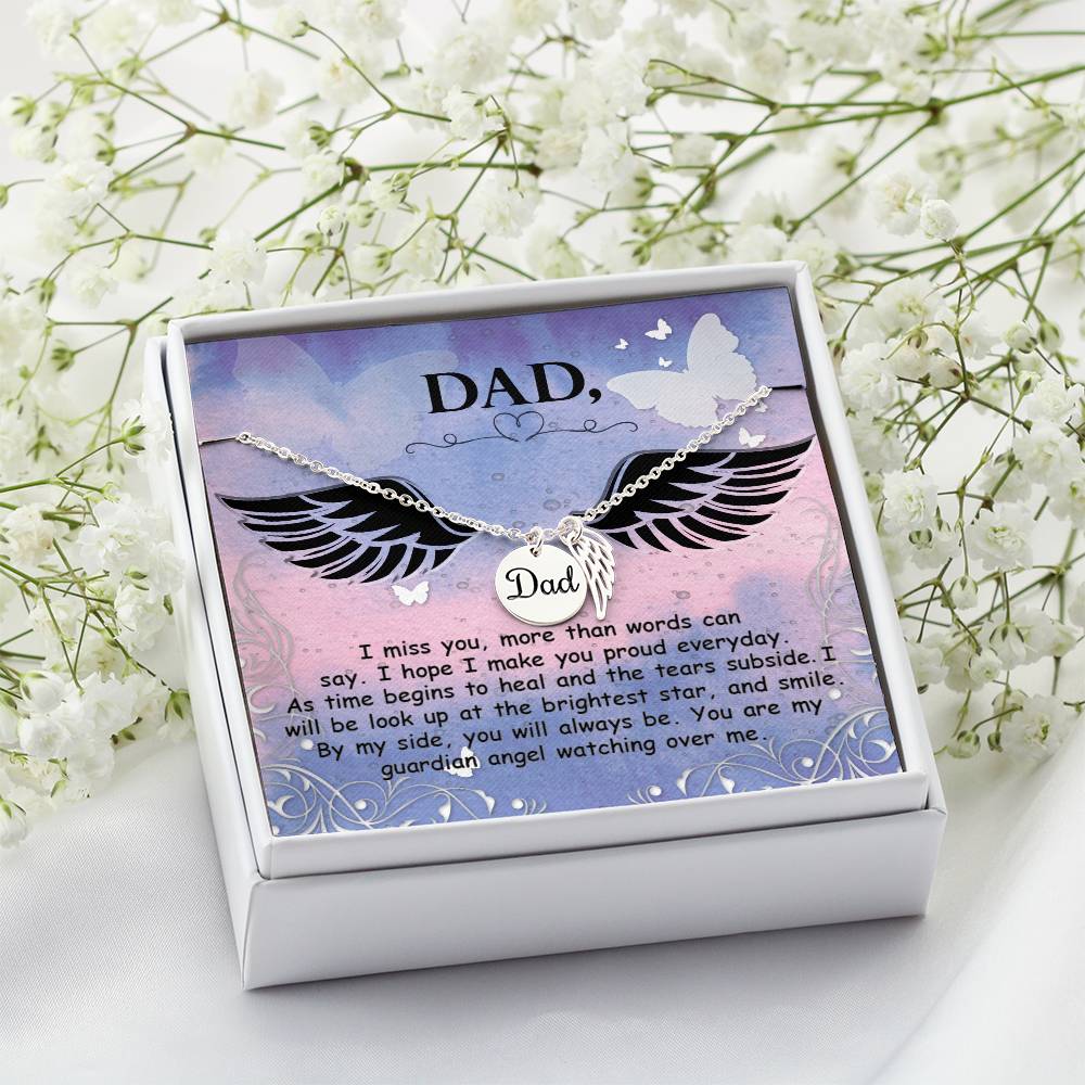 I Miss You More Remembrance Necklace for Dad Angel Wing Charm Stainless Steel or 18k Gold Finish-Express Your Love Gifts