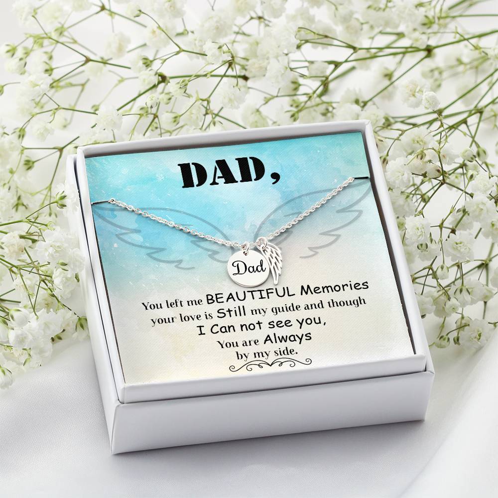 Dad You Left Me Remembrance Necklace for Dad Angel Wing Charm Stainless Steel or 18k Gold Finish-Express Your Love Gifts