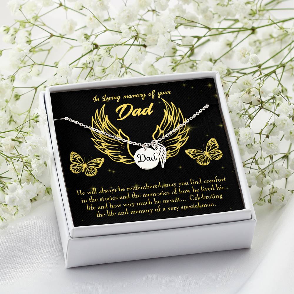Memory of a Special Man Remembrance Necklace for Dad Angel Wing Charm Stainless Steel or 18k Gold Finish-Express Your Love Gifts
