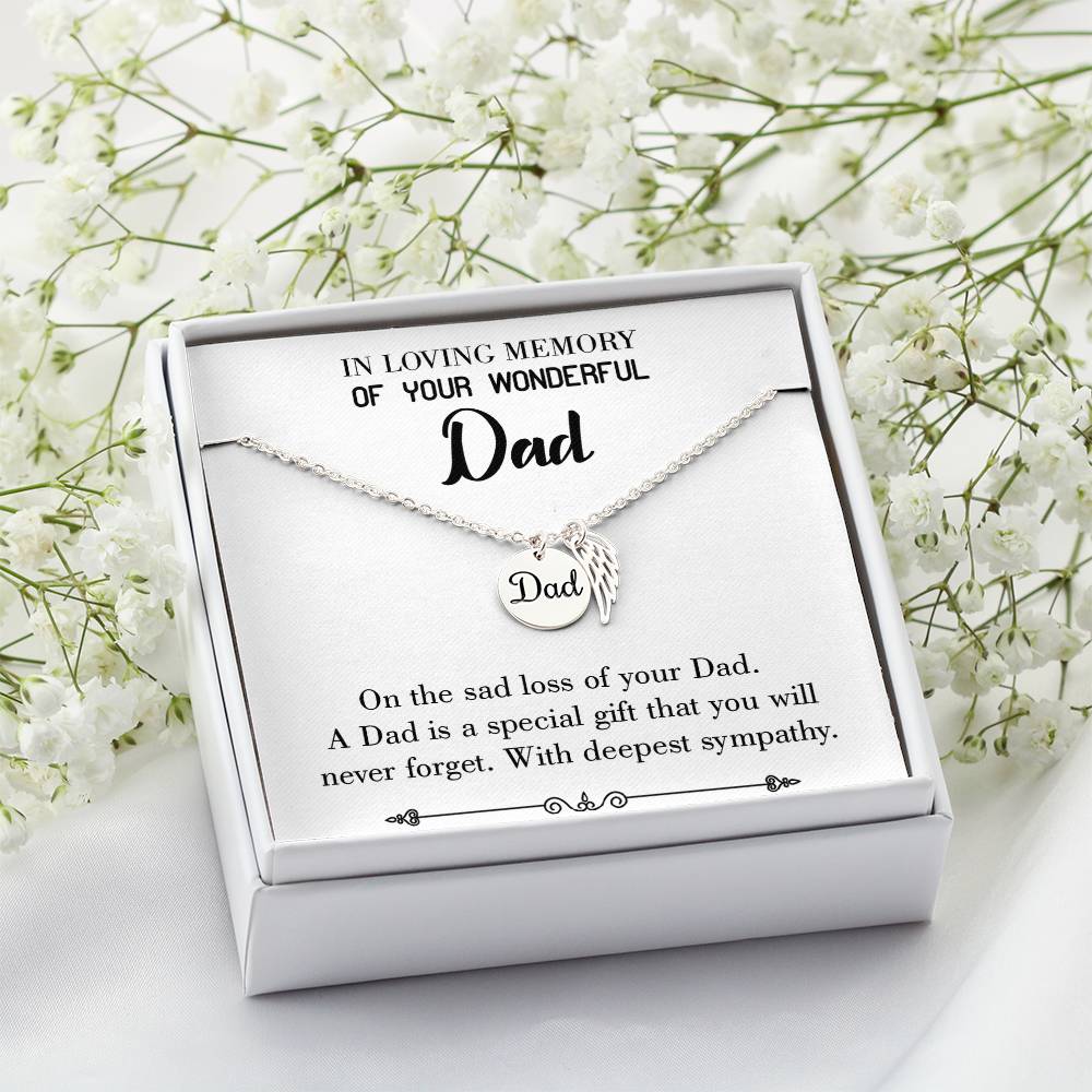 Special Gift Remembrance Necklace for Dad Angel Wing Charm Stainless Steel or 18k Gold Finish-Express Your Love Gifts