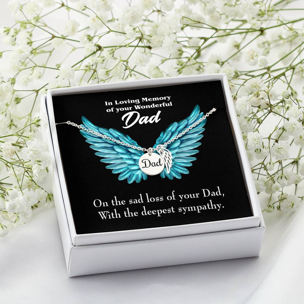 With Deepest Sympathy Remembrance Necklace for Dad Angel Wing Charm Stainless Steel or 18k Gold Finish-Express Your Love Gifts