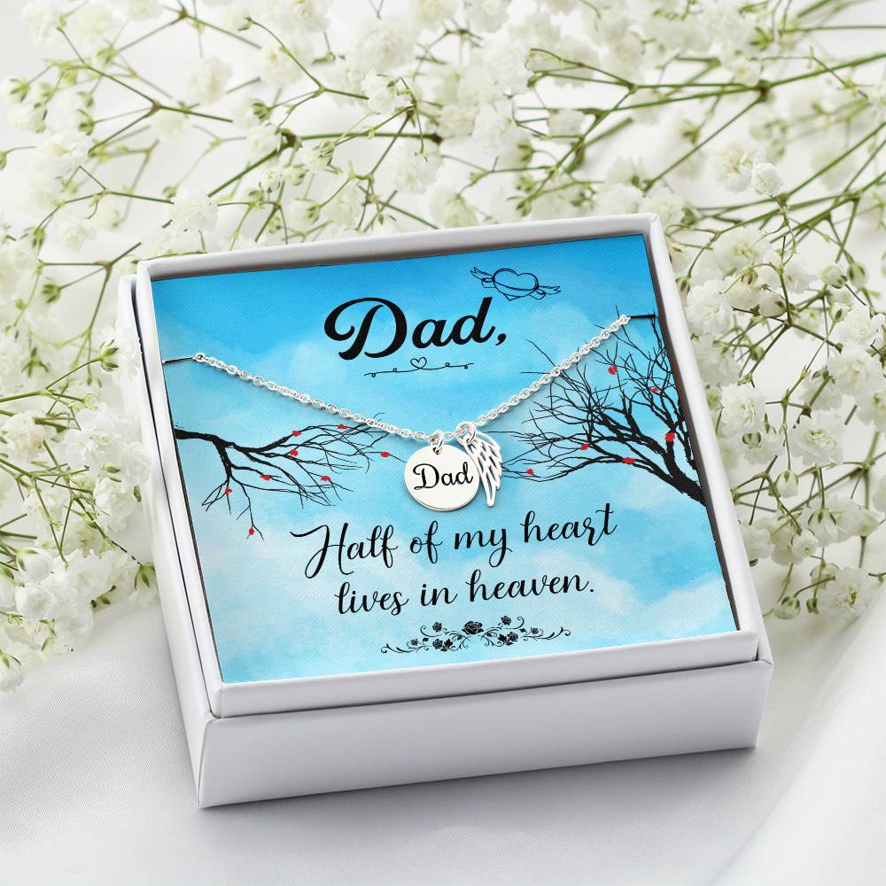 Half of My Heart Remembrance Necklace for Dad Angel Wing Charm Stainless Steel or 18k Gold Finish-Express Your Love Gifts