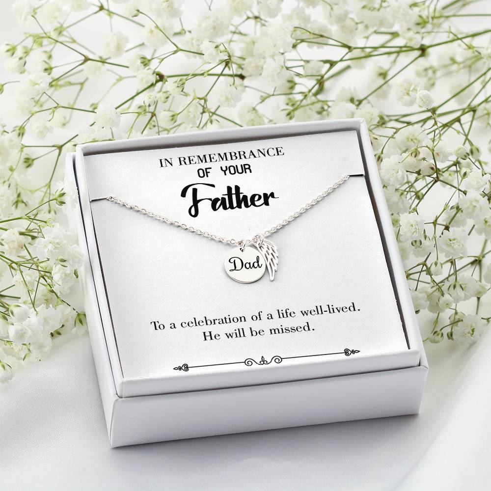 Celebration of a Life Remembrance Necklace for Dad Angel Wing Charm Stainless Steel or 18k Gold Finish-Express Your Love Gifts
