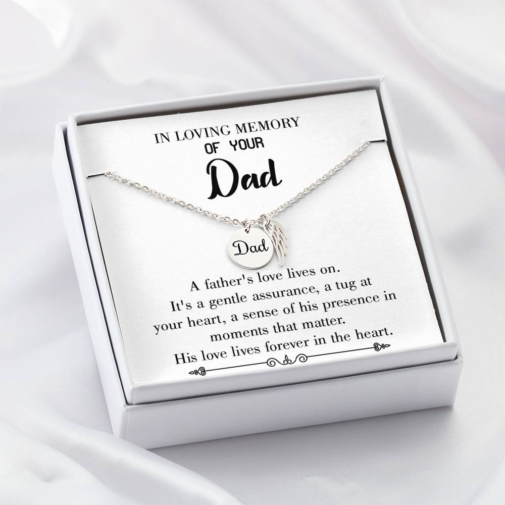 His Love Lives Forever Remembrance Necklace for Dad Angel Wing Charm Stainless Steel or 18k Gold Finish-Express Your Love Gifts
