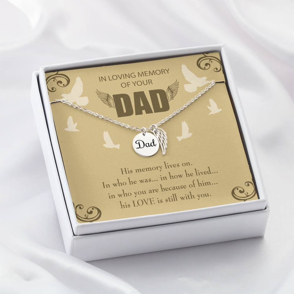 His Memory Lives On Remembrance Necklace for Dad Angel Wing Charm Stainless Steel or 18k Gold Finish-Express Your Love Gifts