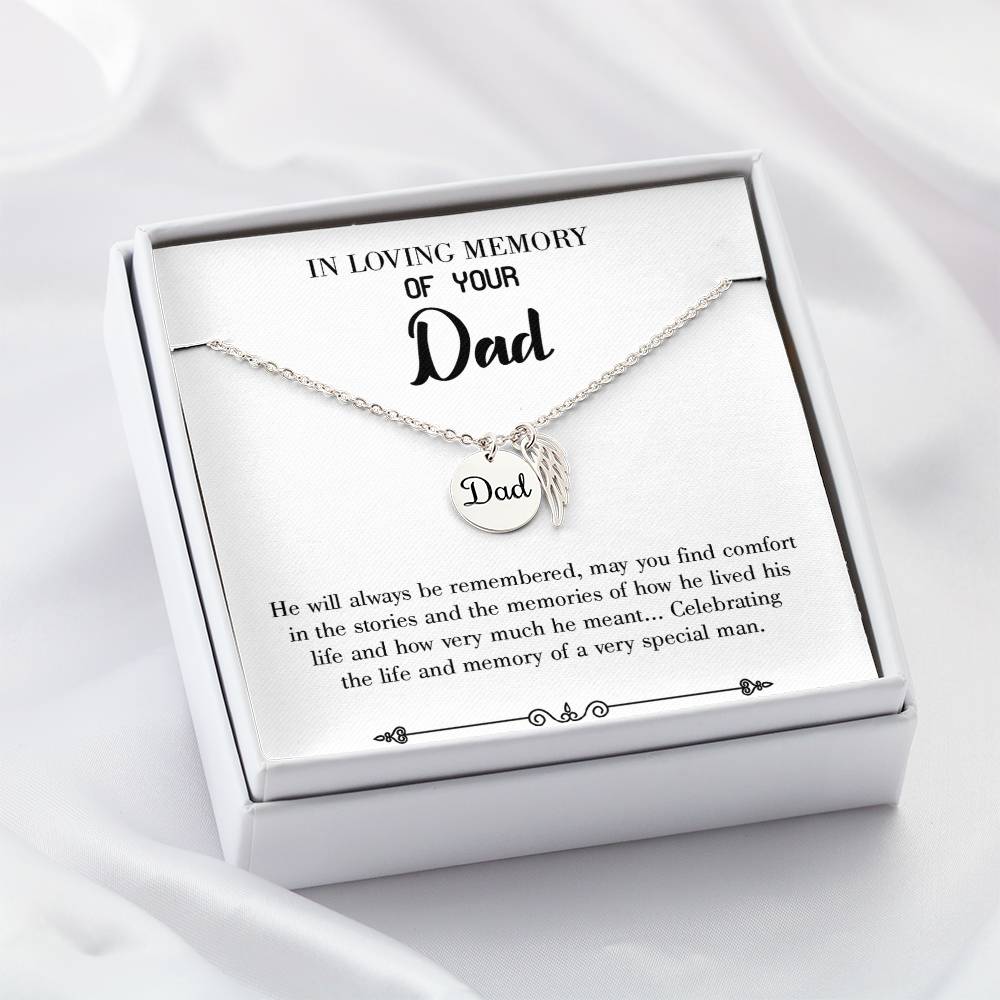 Celebrating Life Remembrance Necklace for Dad Angel Wing Charm Stainless Steel or 18k Gold Finish-Express Your Love Gifts