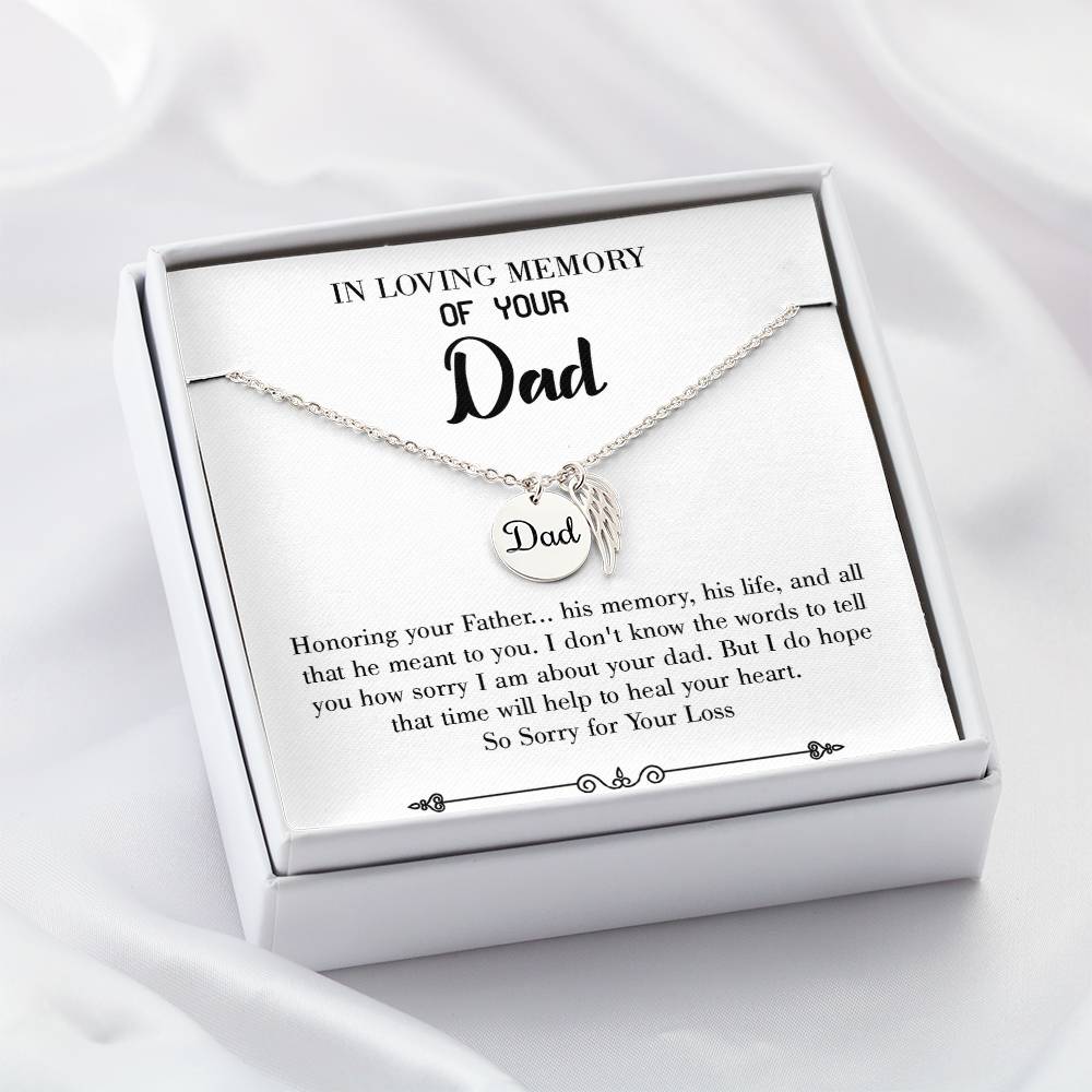 Honoring Your Father Remembrance Necklace for Dad Angel Wing Charm Stainless Steel or 18k Gold Finish-Express Your Love Gifts