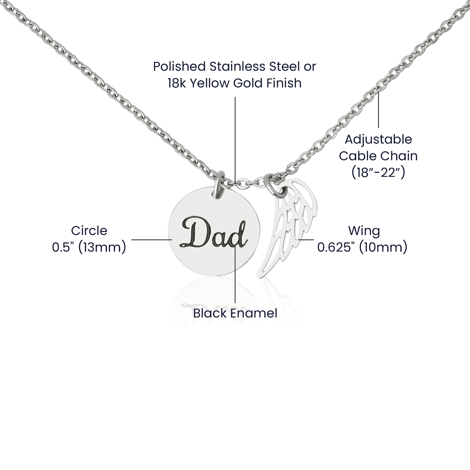 Somewhere in Heaven Remembrance Necklace for Dad Angel Wing Charm Stainless Steel or 18k Gold Finish-Express Your Love Gifts