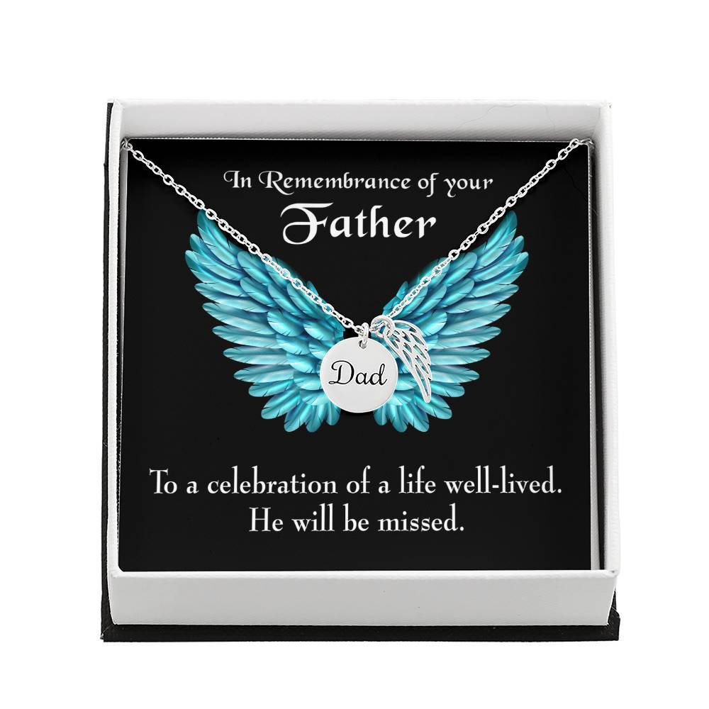 He Will Be Missed Remembrance Necklace for Dad Angel Wing Charm Stainless Steel or 18k Gold Finish-Express Your Love Gifts