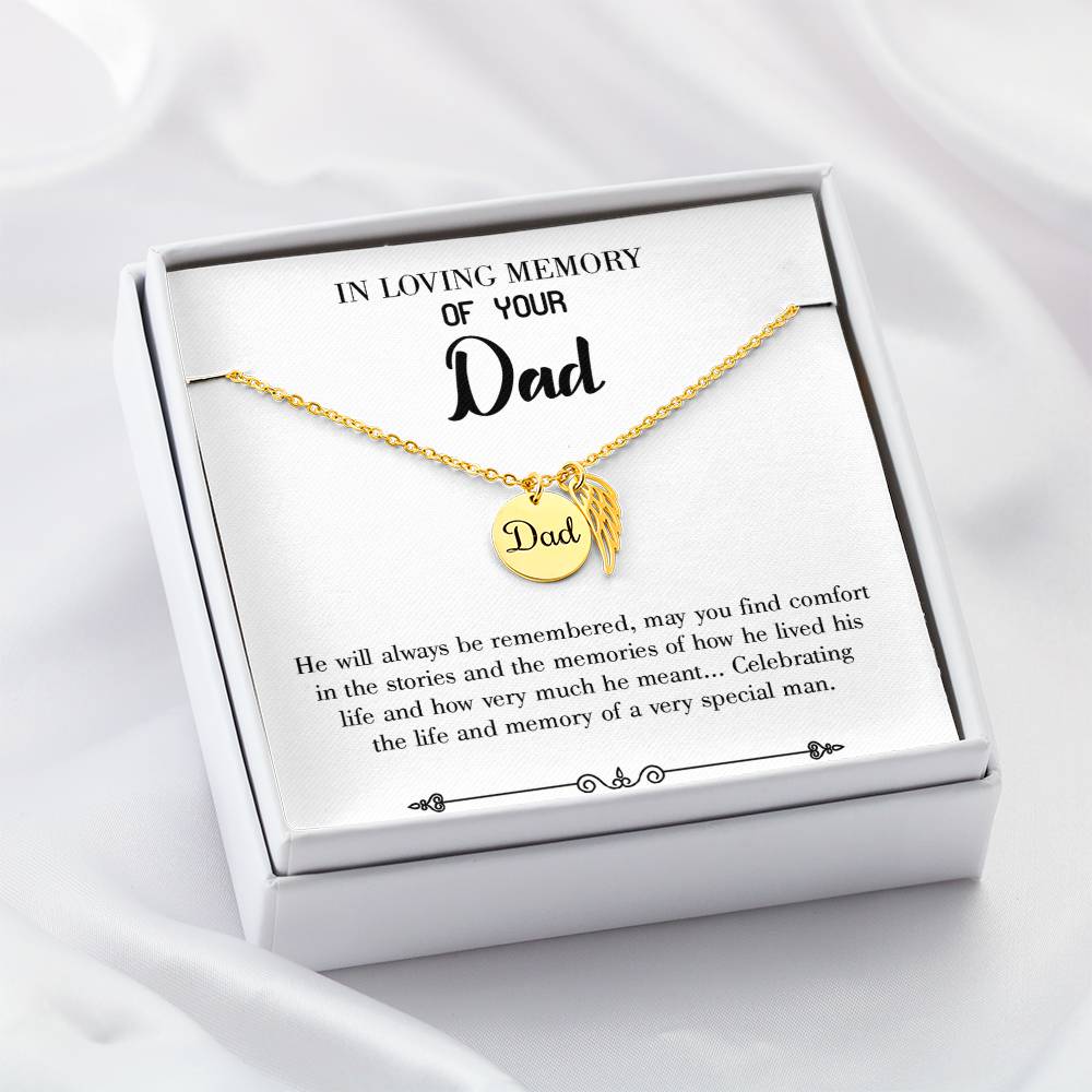 Celebrating Life Remembrance Necklace for Dad Angel Wing Charm Stainless Steel or 18k Gold Finish-Express Your Love Gifts